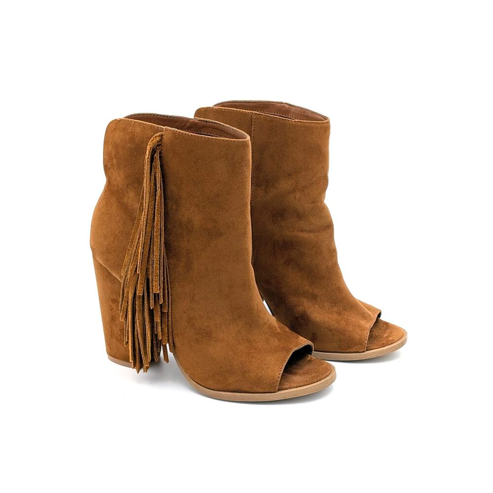 DV Lotus Booties Womens 7 Camel Suede Fringe Western Boho Open Toe Dolce Vita